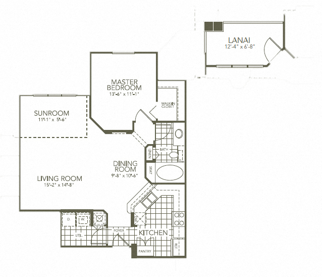Floor plan for 1 bed, 1 bath, 898 sqft